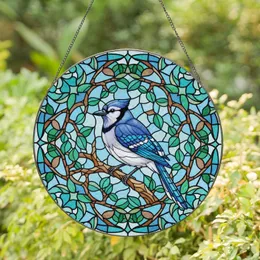 Stained Glass Blue Jay Bird Tree Branch Intertwined Leaves - Home Decor Gift for Bird Lovers Stained Glass Suncatcher