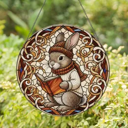 Bunny Reading Book Beanie Scarf Vines - Thoughtful Home Decor Gift for Book & Bunny Lovers Stained Glass Suncatcher