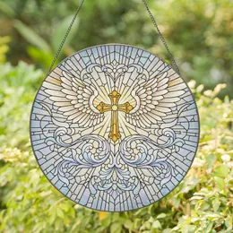 Angelic Wings Golden Cruciform Cross Acanthus Leaves Celestial Home Decor Gift Stained Glass Suncatcher