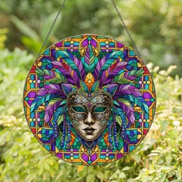 Ornate Jeweled Venetian Carnival Mask Flamboyant Feathers - Home Decor Gift for Mask Lover Stained Glass Suncatcher