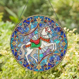 White Carousel Horse Prancing Red Bridle Gold Trim Glowing Lights - Horse Lover Gift Stained Glass Suncatcher