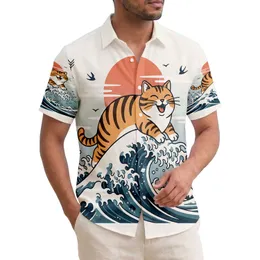 Orange Tabby Cat Ocean Wave Setting Sun - Cat Lover Beach Lifestyle Gift Hawaiian Shirt