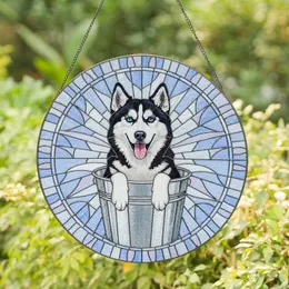 Black White Husky Dog Metal Bucket - Home Decor Gift for Dog Lovers Stained Glass Suncatcher