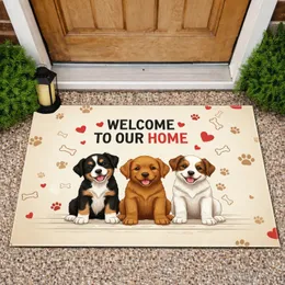 Three Puppies Welcome To Our Home Hearts Bones - Family Pet Lover Home Decor Gift Doormat