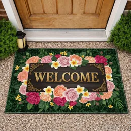Ornate Carved Dark Wood Welcome Sign with Antique Gold Floral Garden - Home Decor Gift Doormat
