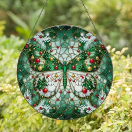 Butterfly Snowman Pine Tree Bauble Scene - Festive Christmas Home Decor Gift Stained Glass Suncatcher