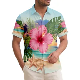 Pink Hibiscus Tropical Sunset Beach Palm Trees Starfish - Home Decor Gift Hawaiian Shirt