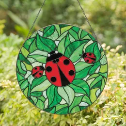 Prominent Black Spot Red Ladybugs Green Leaf Mosaic - Home Decor Gift for Insect Lover Stained Glass Suncatcher