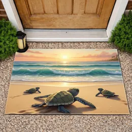 Baby Sea Turtles Ocean Waves Sunset Tropical Beach - Coastal Wildlife Home Decor Gift Doormat
