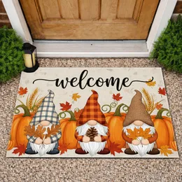 Autumn Welcome Gnomes Pumpkins Fall Maple Oak Leaves Rustic Farmhouse Harvest Decor Doormat