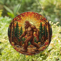 Shaggy Bigfoot Pine Forest Autumn Sunset Landscape - Home Decor Gift for Wildlife Lovers Stained Glass Suncatcher