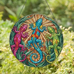Three Vibrant Climbing Geckos Agave Desert Flora - Home Decor Gift for Wildlife Lover Stained Glass Suncatcher