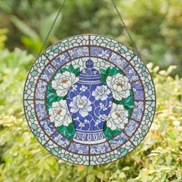 Prominent Blue White Ginger Jar Peony Blooms Mosaic Asian Foliage - Home Decor Gift Stained Glass Suncatcher