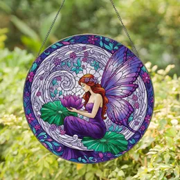 Graceful Fairy Butterfly Wing Deep Purple Lotus Forest Green Leaves - Home Decor Gift Stained Glass Suncatcher