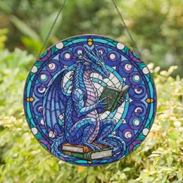 Scholarly Dragon Reading Book Stack Geometric Mosaic - Home Decor Gift for Book Lover Stained Glass Suncatcher