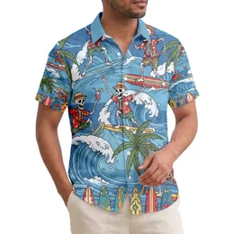 Cartoon Skeletons Surfing Ocean Waves Palm Trees - Tropical Vacation Beach Fun Gift Hawaiian Shirt
