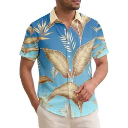 Tropical Banana Strelitzia Leaves Metallic Gold White Vein Sky Aqua Blue - Home Decor Gift Hawaiian Shirt