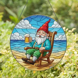 Elderly Gnome Beer Rocking Chair Beach Scene - Home Decor Gift for Dad Stained Glass Suncatcher