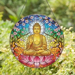 Golden Buddha Pink Lotus Cherry Blossoms - Home Decor Gift for Yoga Lover Stained Glass Suncatcher
