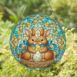 Rabbits Chick Easter Egg Straw Nest Bluebell Flowers - Crackled Glass Easter Gift Stained Glass Suncatcher