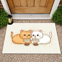 Reclining Orange White Cats Bubble Tea Brown Pearls Yellow Straw Home Decor Gift for Cat Lover Doormat