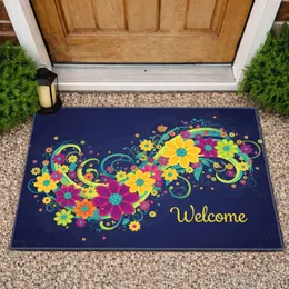 Welcome Script Flowers Swirling Lines - Home Entrance Decor Doormat