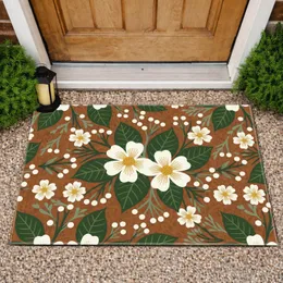 White Five Petal Flowers Green Leaves Berry Buds Home Decor Gift Doormat
