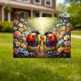 Vibrant Stained Glass Ladybugs Blooming Garden Mosaic - Outdoor Decor Gift for Gardeners Yard Sign