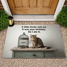 Tabby Cat Birdcage Feathers Funny Birthday Gift for Cat Lover Doormat
