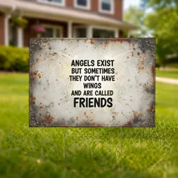 Angels Exist Friends Quote Rustic Metallic Wings - Home Decor Friendship Gift Yard Sign
