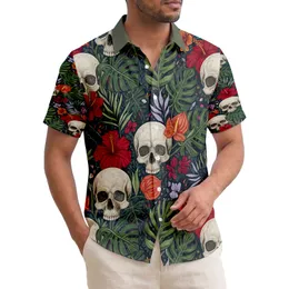Human Skulls Tropical Philodendron Monstera Palm Fronds Hibiscus Anthurium Flowers - Everyday Style Hawaiian Shirt