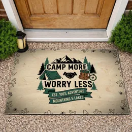 Camp More Worry Less Camping Tent Mountains Pine Trees - Outdoor Adventure Gift Doormat