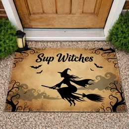 Sup Witches Flying Witch Broomstick Bat Spiderweb - Rustic Sepia Halloween Home Decor Doormat