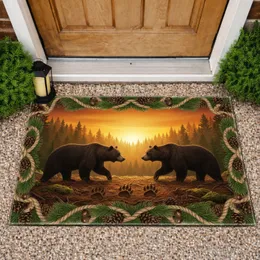 Bears Sunset Pine Forest - Rustic Home Decor Gift for Wildlife Lover Doormat