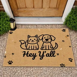 Cartoon Cat Dog Hey Y'all Text - Pet Lover Home Welcome Gift Doormat