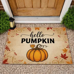 Stylized Pumpkin Hello Text Maple Oak Leaves Autumn Berries - Autumn Farmhouse Decor Doormat
