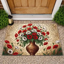 Red White Poppy Floral Arrangement Bronze Vase - Home Decor Gift Doormat