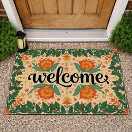 Welcome Script Folk Flowers - Bohemian Rustic Home Decor Doormat
