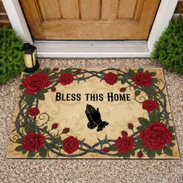 Bless This Home Praying Hands, Roses, Thorny Barbed Wire Border - Home Blessing Gift Doormat