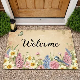 Welcome Script Spring Garden Flowers Butterfly Blue Tit Bird - Home Decor Gift Doormat