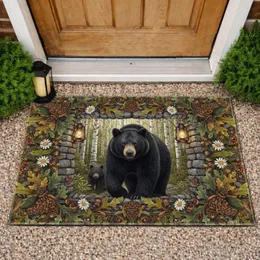 Black Bear Family Stone Tunnel Botanical Forest - Wildlife Lover Home Decor Gift Doormat