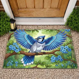 Blue Jay Blue Flowers Green Leaves Woodland Garden Home Decor Gift Doormat