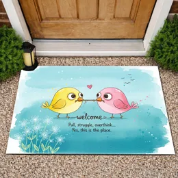 Cartoon Birds Welcome Text Stick Tug Heart Home Decor Gift for Bird Lover Doormat