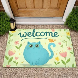 Welcome Blue Cat Orange Bird Pink Flowers - Everyday Home Decor Gift Doormat