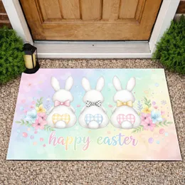 Three Fluffy Easter Bunnies Bow Ties Hearts Pastel Flowers - Happy Spring Holiday Gift Doormat