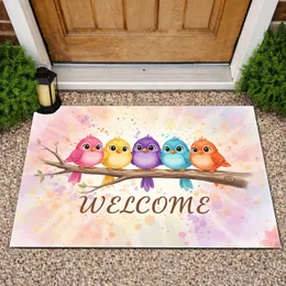 Five Cartoon Birds Welcome Text Tree Branch - Housewarming Home Decor Gift Doormat
