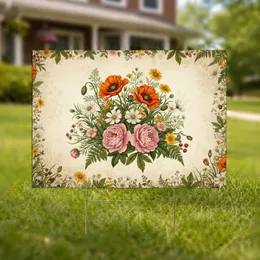Orange Poppies Pink Peonies Cosmos Wildflowers on Aged Parchment - Garden Decor Gift Yard Sign