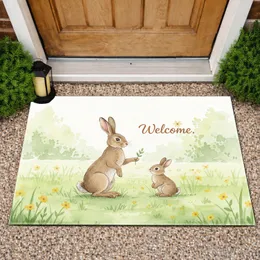 Adult Hare Baby Rabbit Welcome Greeting Meadow Wildflower Scene - Housewarming Gift Doormat