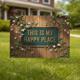 Antique Gold 'THIS IS MY HAPPY PLACE' Sign Ivy Vine - Rustic Home Decor Gift Yard Sign