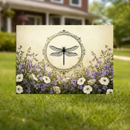 Black Dragonfly Bellflower Scrollwork - Garden Home Decor Gift for Nature Lovers Yard Sign